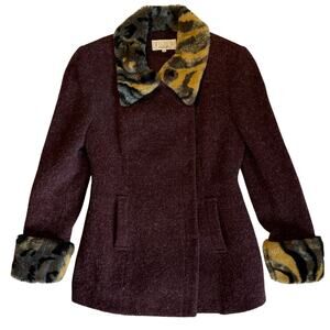 Vintage 90s Women's 36 Viola Per Donna Burgundy Wool Jacket Faux Fur Trim